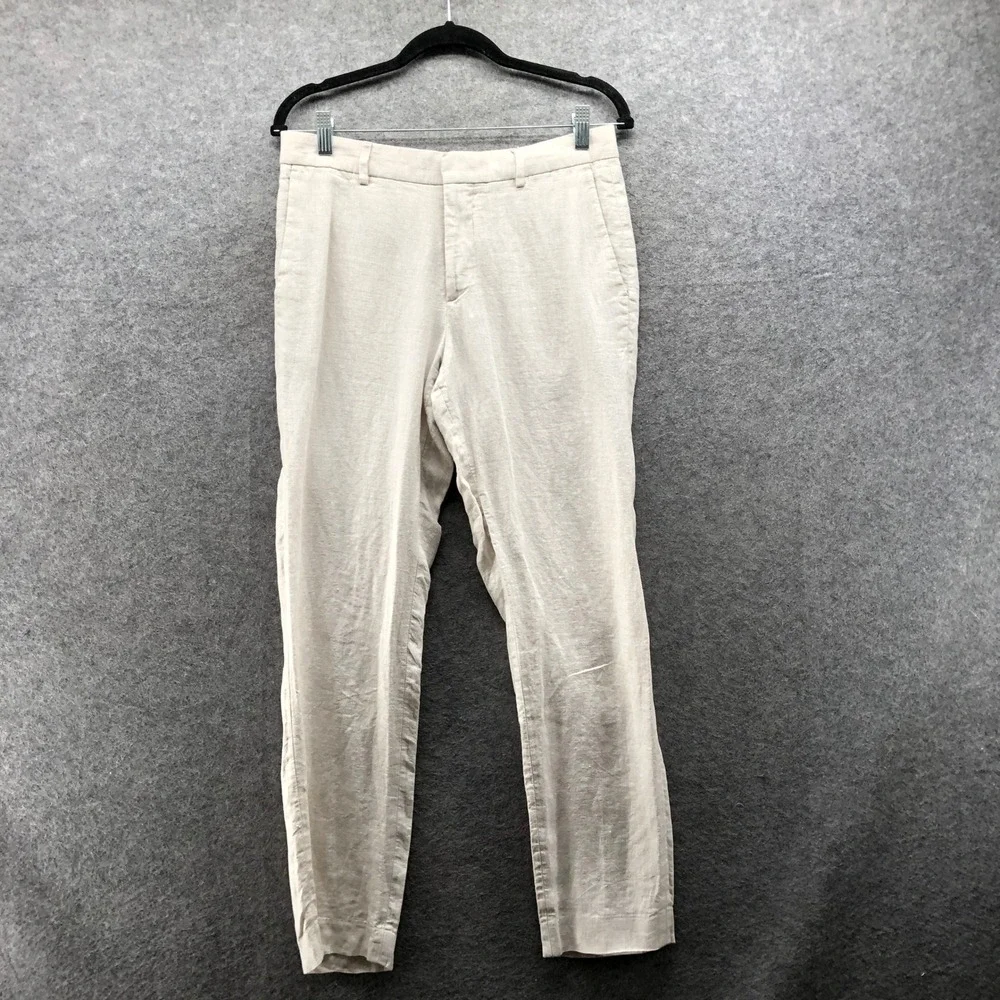 H&M Slim Fit Linen Trousers Mens 32R Beige Flat Front Casual Summer Beach Pants